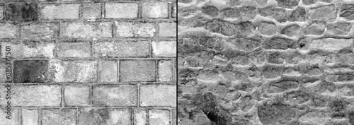 Two types grey concrete wall with scratches background.