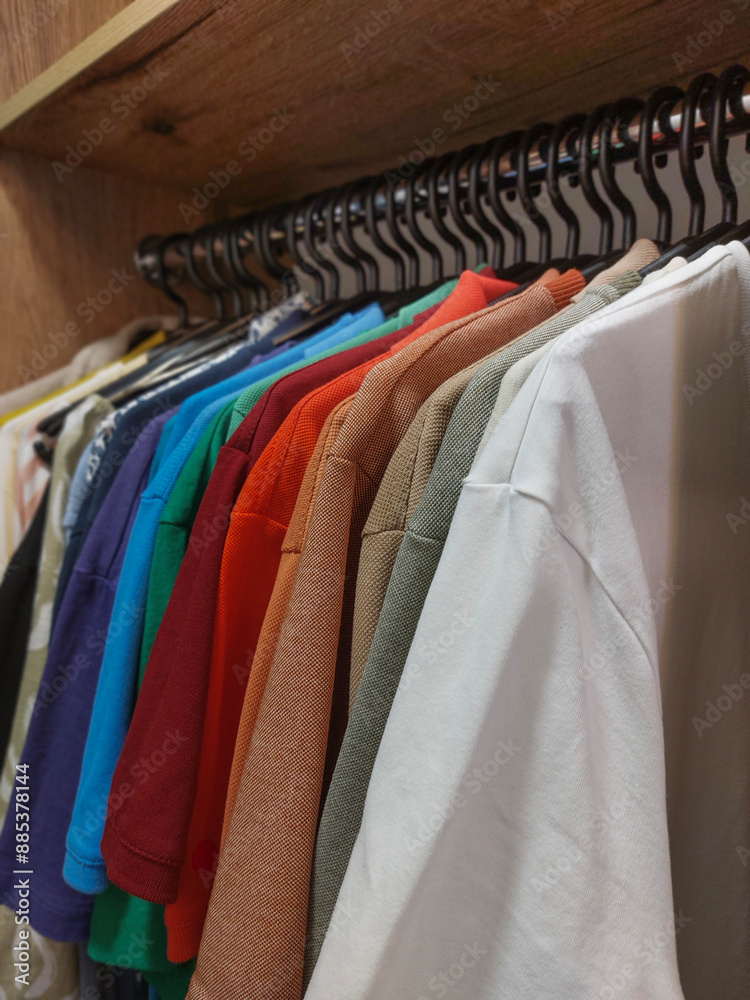 Obraz premium Colorful and stylish clothes on a rack in a wooden wardrobe
