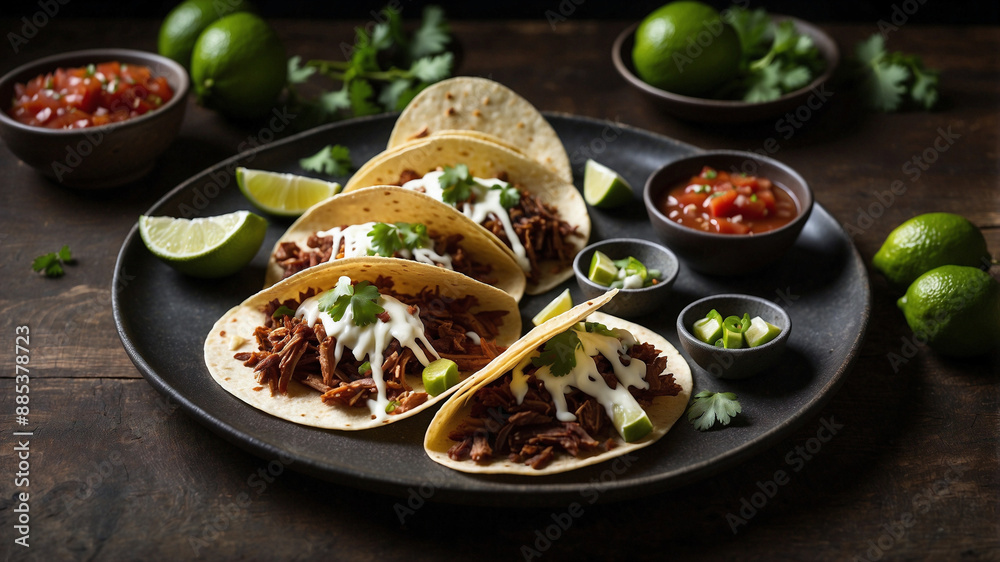 Moody Food Photograph of Tacos with Shredded Meat on Black Plate Moody Food Photograph of Tacos with Shredded Meat on Black Plate