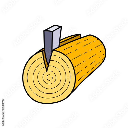 wood timber log splitting wedge hand drawn color vector illustration