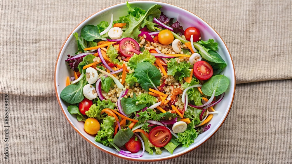 Freshly prepared salad with a colorful mix of crisp vegetables, greens, and dressing , healthy, vibrant, fresh Freshly prepared salad with a colorful mix of crisp vegetables, greens, and dressing , healthy, vibrant, fresh