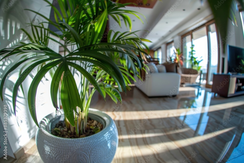 A lush green palm plant in a textured white pot sits on a glossy floor in a modern living space filled with natural light, embodying elegance and freshness. A lush green palm plant in a textured white pot sits on a glossy floor in a modern living space filled with natural light, embodying elegance and freshness.