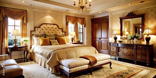 Luxurious master bedroom with elegant linens, large bed, and ensuite bathroom , luxury, comfort © Sujid