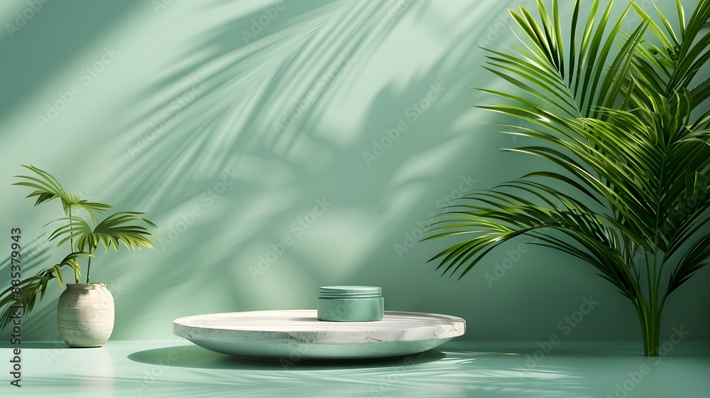 Obraz premium Serene Green Interior with Tropical Plants and Minimalist Decor