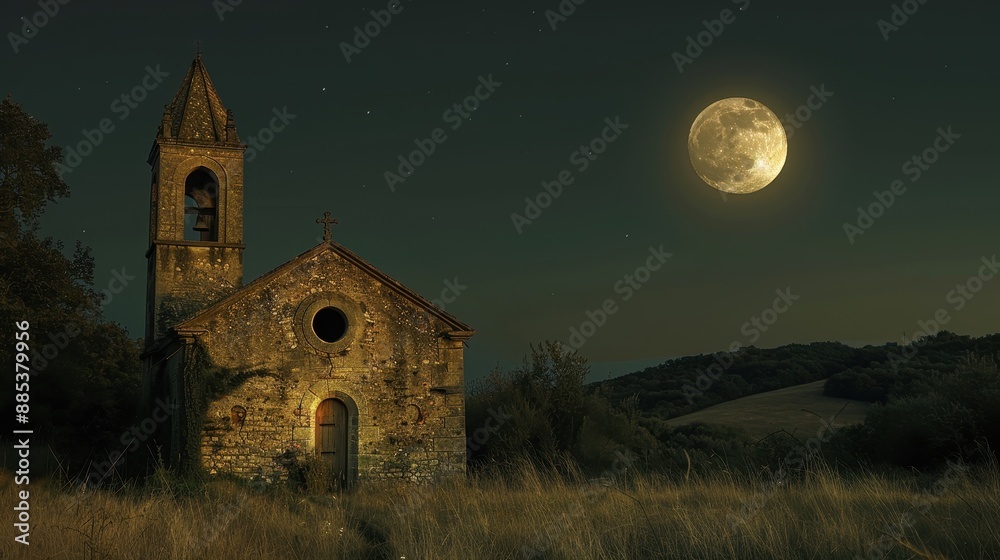 A full moon casting shadows over an old, abandoned church A full moon casting shadows over an old, abandoned church