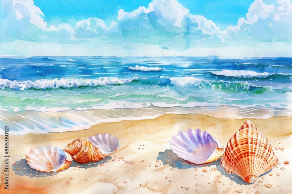 Colorful seashells lying on a sandy beach as gentle waves and vibrant blue ocean stretch under a cloudy sky, creating a serene coastal scene. Colorful seashells lying on a sandy beach as gentle waves and vibrant blue ocean stretch under a cloudy sky, creating a serene coastal scene.