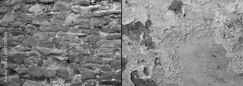 Two types grey concrete wall with scratches background.