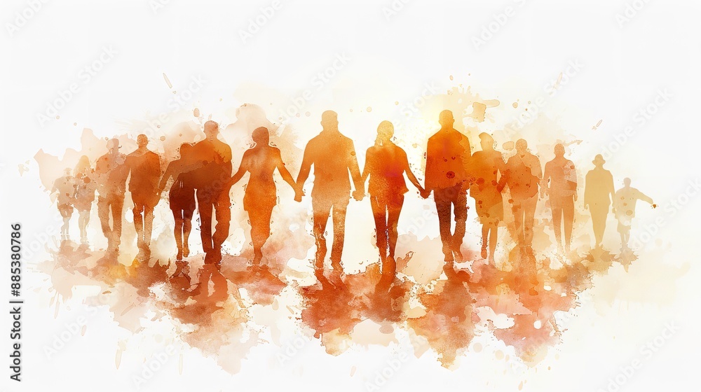 Obraz premium Group of workers painted in watercolor with copy space for text, labor day banner back view, Ai generated image
