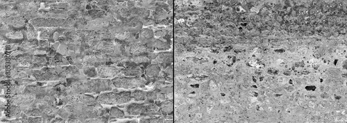 Two types grey concrete wall with scratches background.