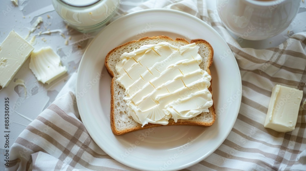 Milk and butter on the table, white bread with fresh milk cream spread on it. Milk and butter on the table, white bread with fresh milk cream spread on it.