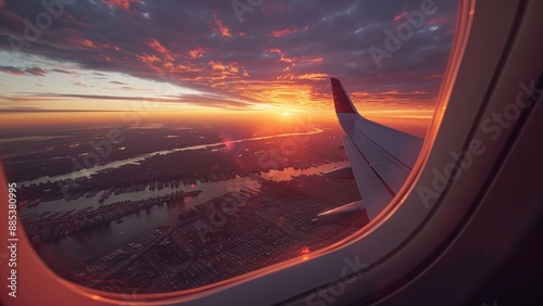 Plane Window View During Takeoff with Vibrant Sunrise and City Below - Golden and Pink Hues Filling the Sky