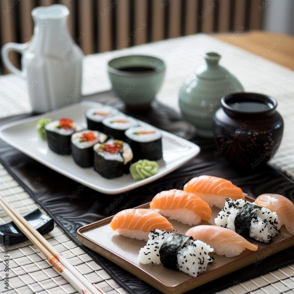 Exquisite Japanese Sushi Platter on Minimalist Table Setting with Aromatic Seaweed and Soy Sauce Notes Exquisite Japanese Sushi Platter on Minimalist Table Setting with Aromatic Seaweed and Soy Sauce Notes