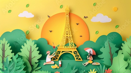 Paper cut illustration of the Eiffel Tower with vibrant colors and people enjoying a picnic in the nearby park symbolizing the charm and culture of Paris Stock Photo with copy space photo