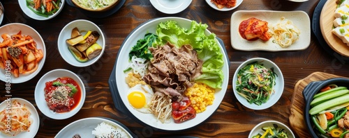 Modern Korean Cuisine: A Feast of Kimchi, Bulgogi, and Bibimbap on Stylish Table Setting © thien