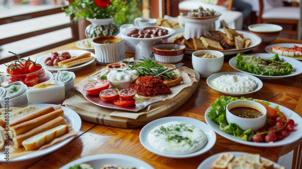 Rich Turkish Breakfast Spread with Fresh Bread and Cheeses on Traditional Table Setting Rich Turkish Breakfast Spread with Fresh Bread and Cheeses on Traditional Table Setting