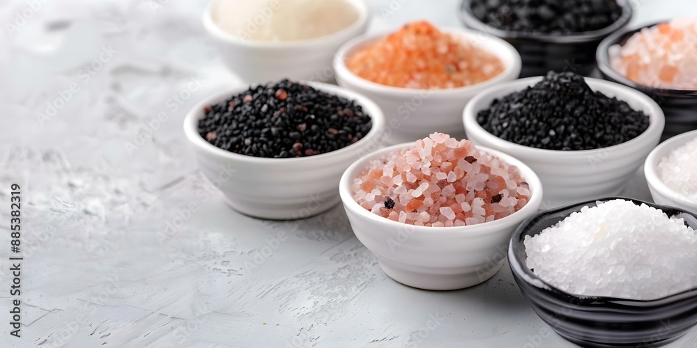 Assortment of gourmet salts including Himalayan pink sea salt and black lava salt. Concept Gourmet Salts, Himalayan Pink Sea Salt, Black Lava Salt, Culinary Ingredients, Exotic Flavors Assortment of gourmet salts including Himalayan pink sea salt and black lava salt. Concept Gourmet Salts, Himalayan Pink Sea Salt, Black Lava Salt, Culinary Ingredients, Exotic Flavors