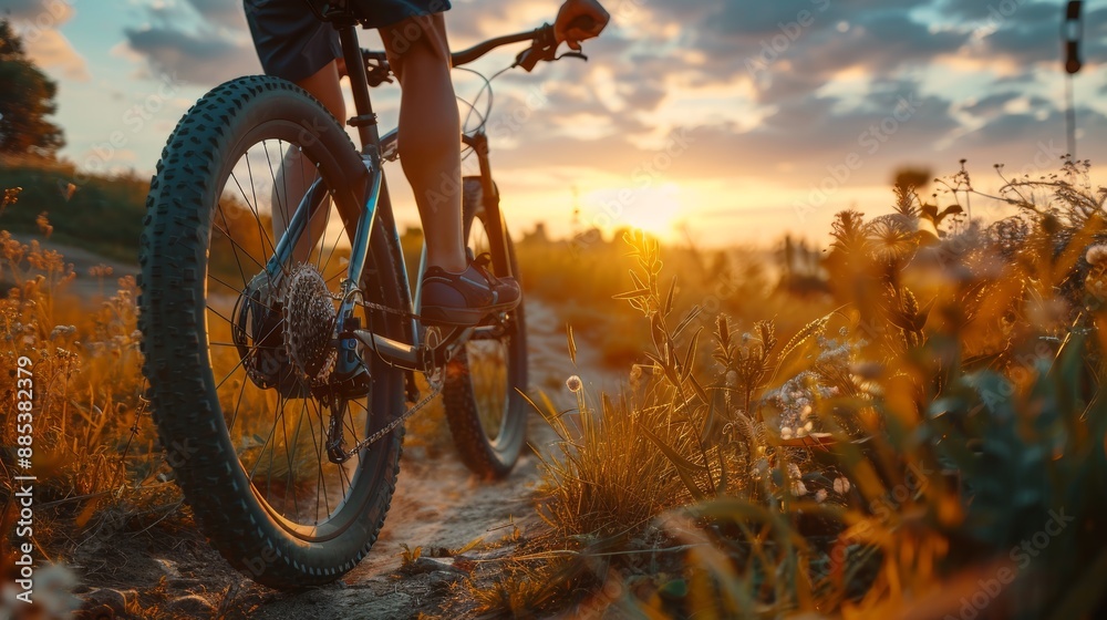Obraz premium Sports, cycling, and rural bicycle training, workout, and exercise in nature. Fitness, cyclist, and mountain biker for freedom, adventure, and dirt road riding