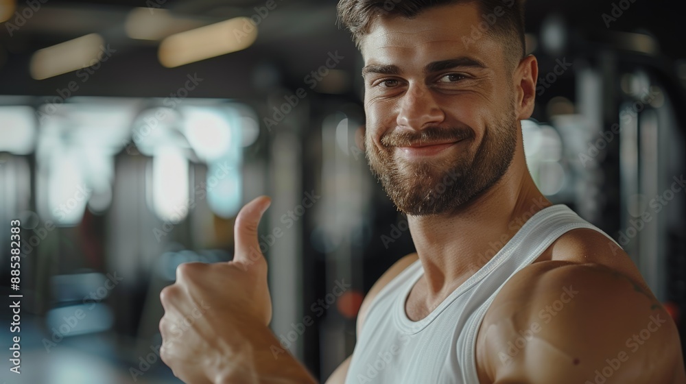 Photo of youthful athlete thumbs up. A fit young man promoting gym workouts. Young gym-goer gestures. Muscular gym-goer showing hand signal