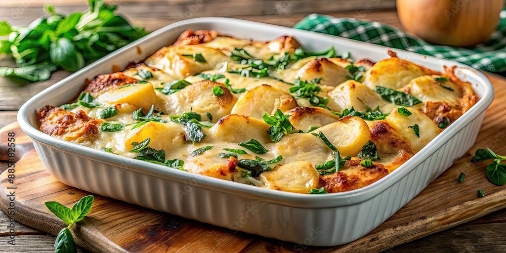 Cheesy baked potato casserole with spinach, vegetarian Italian-inspired meal, potato, casserole, cheesy, baked, spinach, vegetarian Cheesy baked potato casserole with spinach, vegetarian Italian-inspired meal, potato, casserole, cheesy, baked, spinach, vegetarian