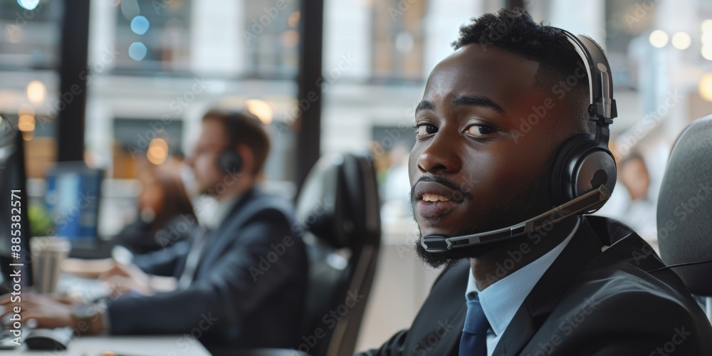 Business, telemarketing, contact center, black male, and customer service. Personnel, group, or professional with headphones, office, internet, crm, tech support, or help desk Business, telemarketing, contact center, black male, and customer service. Personnel, group, or professional with headphones, office, internet, crm, tech support, or help desk
