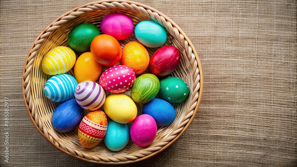 Easter eggs in a woven basket, Easter, eggs, basket, spring, holiday, decoration, colorful, festive, traditional, celebration, pastel