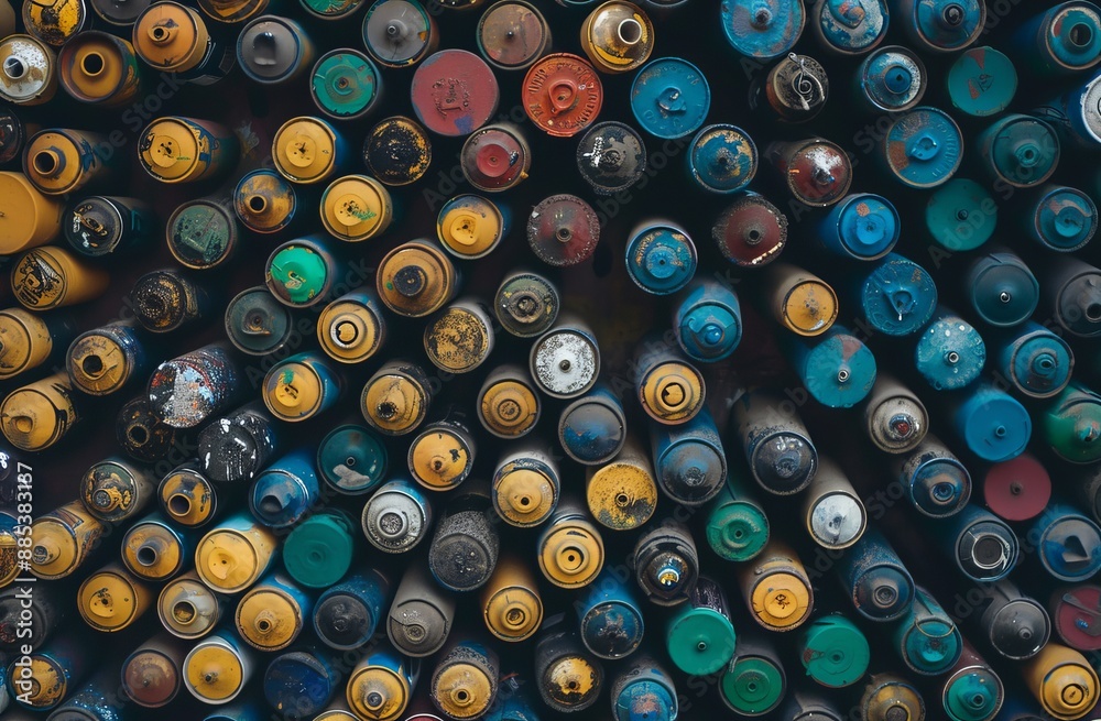 Close-up of colorful spray cans of aerosol paint lying on the treated wooden surface of the artist's graffiti workshop. Close-up of colorful spray cans of aerosol paint lying on the treated wooden surface of the artist's graffiti workshop.