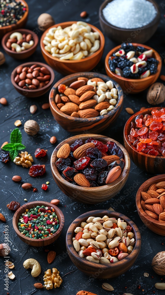 Assortment of nuts and dried fruits in wooden bowls on a dark background. Assortment of nuts and dried fruits in wooden bowls on a dark background.