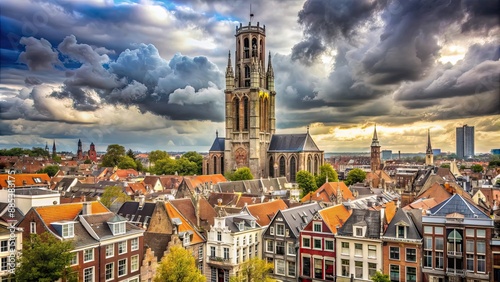 Old town view with Dom Tower under cloudy skies in Utrecht, Netherlands, Utrecht, Netherlands, old town, Dom Tower