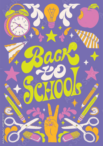 Back to school - colorful hand written lettering with school supplies decorative elements: alarm clock, light bulb, paper airplanes, pencils, scissors. Vector linocut style textured illustration for