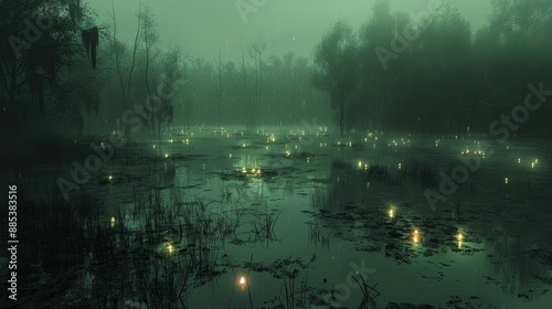 A dark and foggy swamp with eerie glowing lights and mist