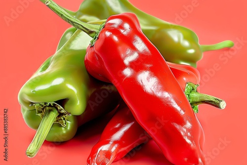 a group of peppers on a red background photo