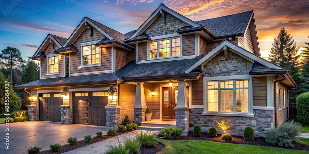 Dawn's warm glow illuminating stone details of a modern suburban craftsman house , dawn, warm glow, stone, details Dawn's warm glow illuminating stone details of a modern suburban craftsman house , dawn, warm glow, stone, details