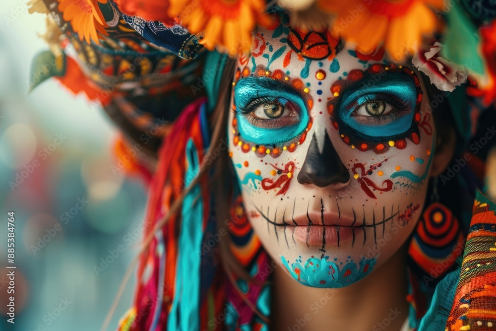 Portrait of a beautiful young woman in traditional sugar skull makeup and colorful costume celebrating Day of the Dead in Mexico. Dia de los Muertos