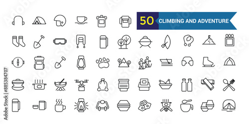 Climbing and adventure line icon set. Outline icon collection. Editable vector stroke.