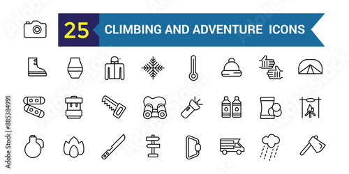 Climbing and adventure line icon set. Outline icon collection. Editable vector stroke.