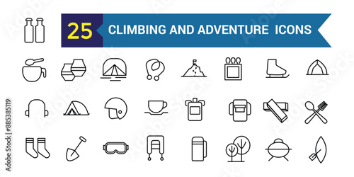 Climbing and adventure line icon set. Outline icon collection. Editable vector stroke.