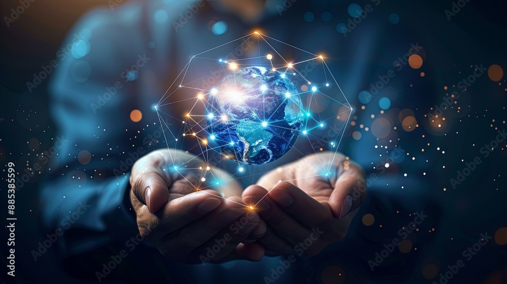 Hand holding Global network connection to big data around the world.a nd tecnology internet metaverse concept 