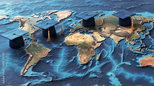 Worldwide Wisdom Global Graduation Caps Map Celebrating International Education and Cultural Exchange