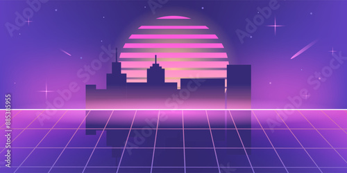 Vaporwave Retro Background. 80s Synthwave Styled Landscape with Night Cityscape. Vector Illustration.