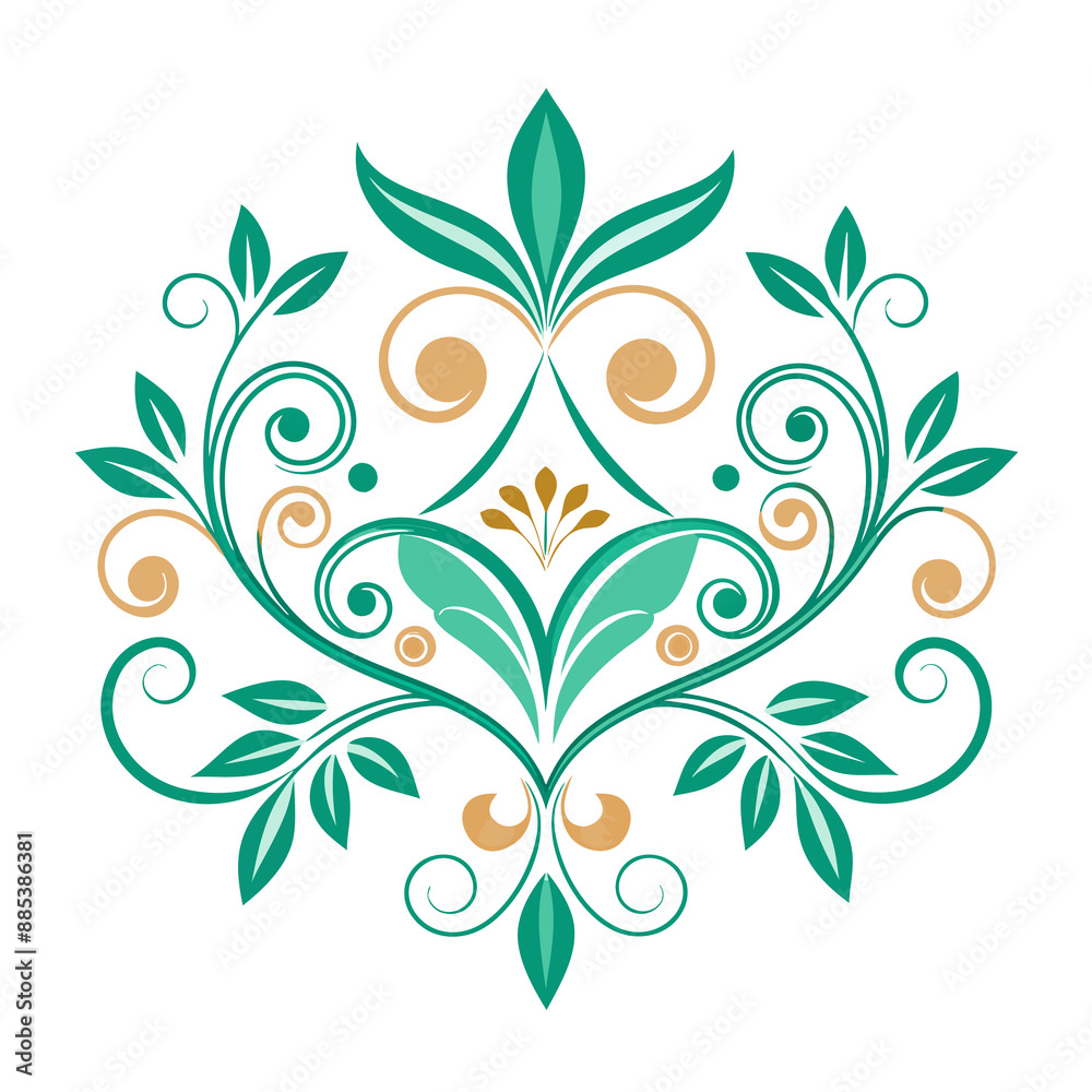 A symmetrical design featuring green and gold intricate floral patterns A symmetrical design featuring green and gold intricate floral patterns
