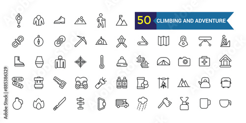 Climbing and adventure line icon set. Outline icon collection. Editable vector stroke.