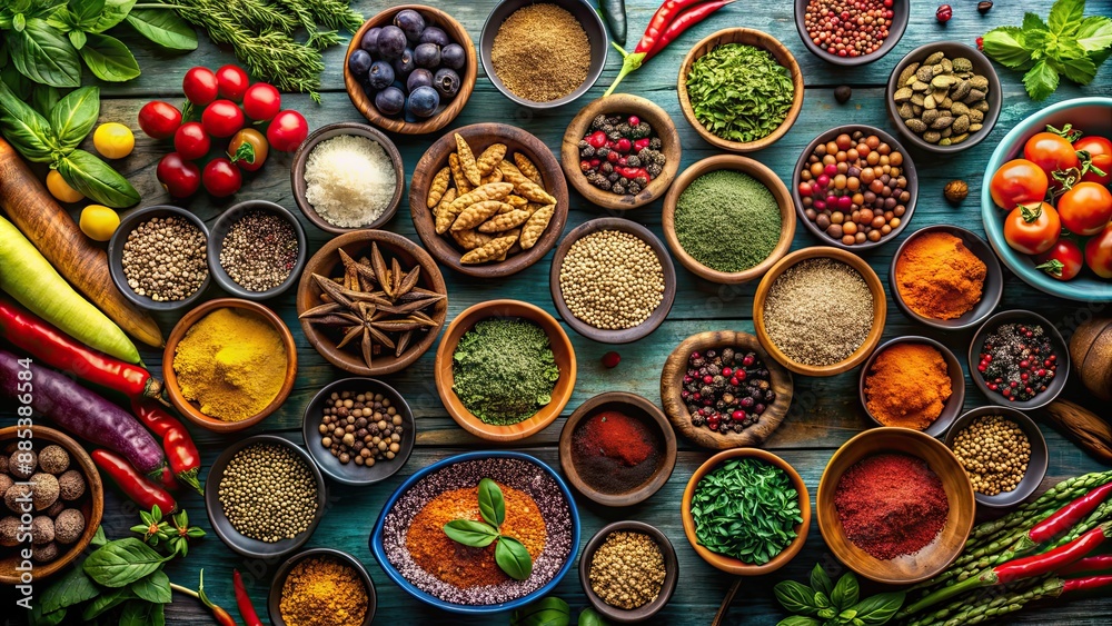 Variety of colorful bowls filled with fresh herbs, spices, vegetables, and fruits, healthy, nutrition, ingredients Variety of colorful bowls filled with fresh herbs, spices, vegetables, and fruits, healthy, nutrition, ingredients