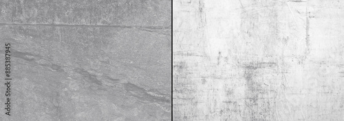 Two types grey concrete wall with scratches background.