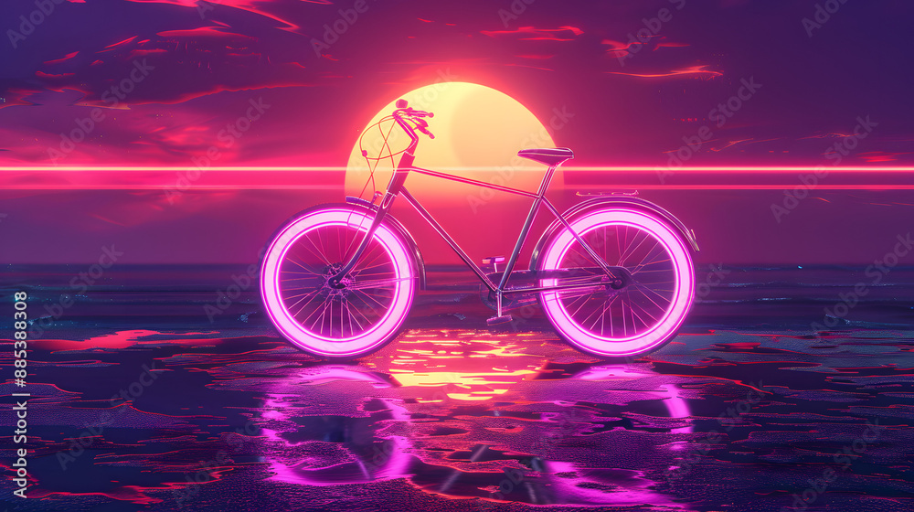 Fototapeta premium Neon synthwave bicycle with sunset background. synthwave bike. Illustrations