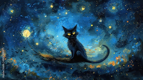 A witch�s black cat sitting on a broomstick under a starry night sky photo