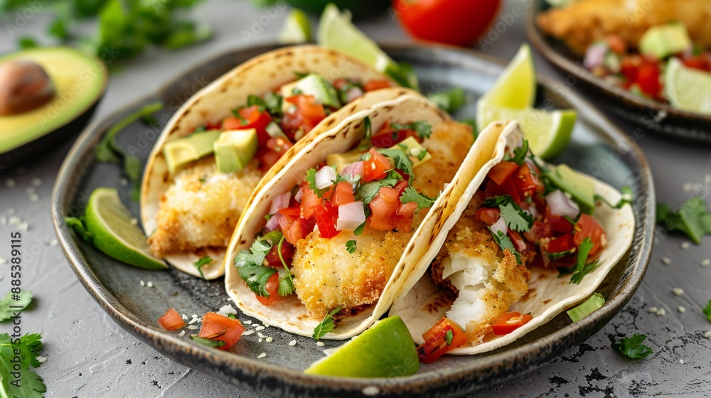 Crispy fish tacos with fresh salsa, avocado, and lime wedges on a rustic plate Crispy fish tacos with fresh salsa, avocado, and lime wedges on a rustic plate