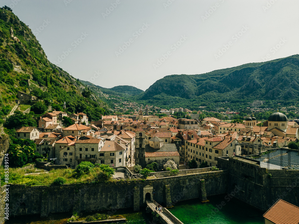 Fototapeta premium Panoramic aerial view of Perast small town along the Kotor Bay, Montenegro.
