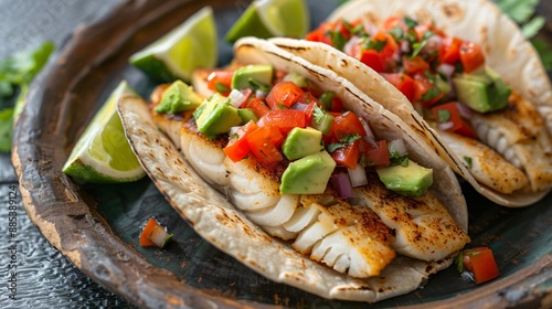 Crispy fish tacos with fresh salsa, avocado, and lime wedges on a rustic plate