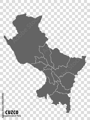 Blank map Department Cuzco of Peru. High quality map Department of Cuzco with districts on transparent background for your web site design, logo, app, UI. Republic of Peru. EPS10.