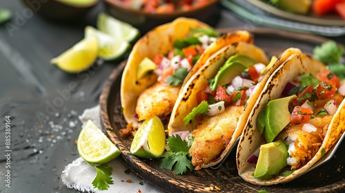 Crispy fish tacos with fresh salsa, avocado, and lime wedges on a rustic plate